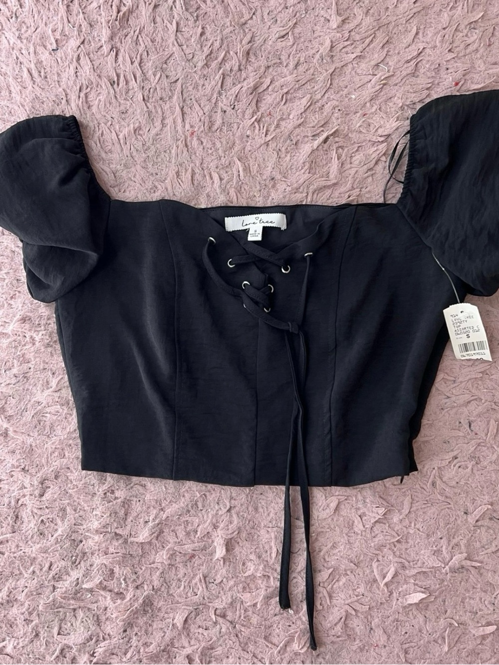 Love Tree Black Lace-Up Puff Sleeve Crop Top